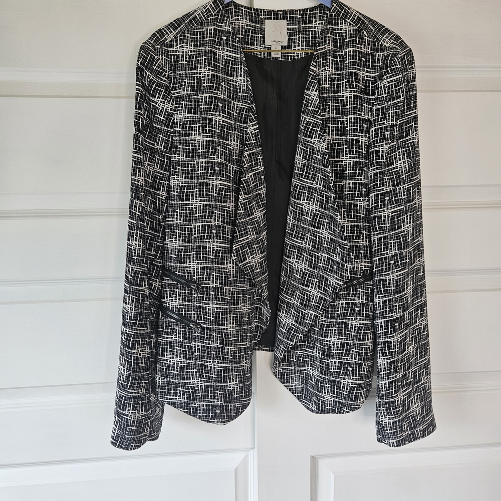 Halogen XL Black White Abstract Asymmetrical Moto Blazer Jacket Gunmetal Zips